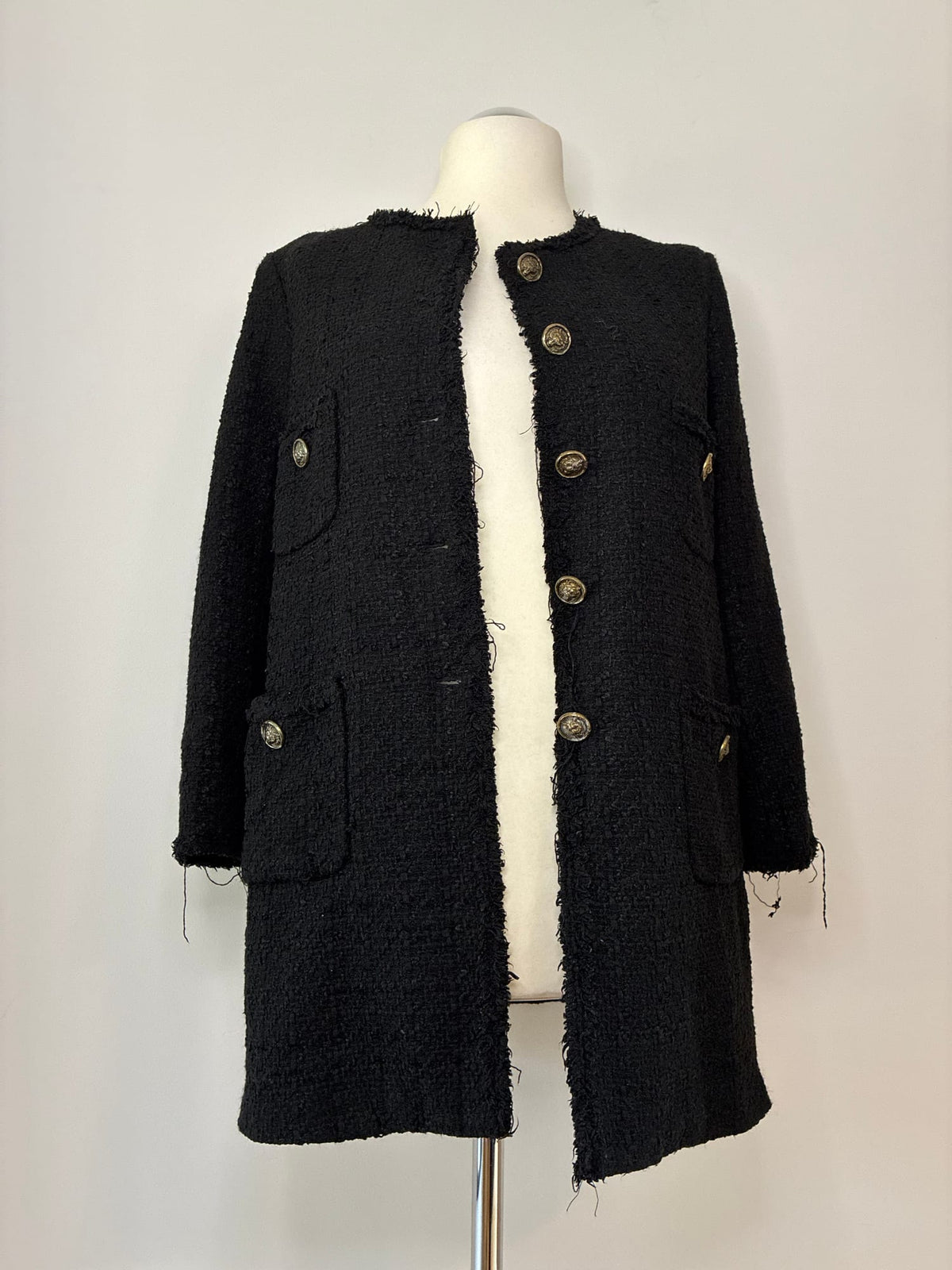 Zara Bouclé-Mantel, Größe L, Schwarz, Vorderansicht