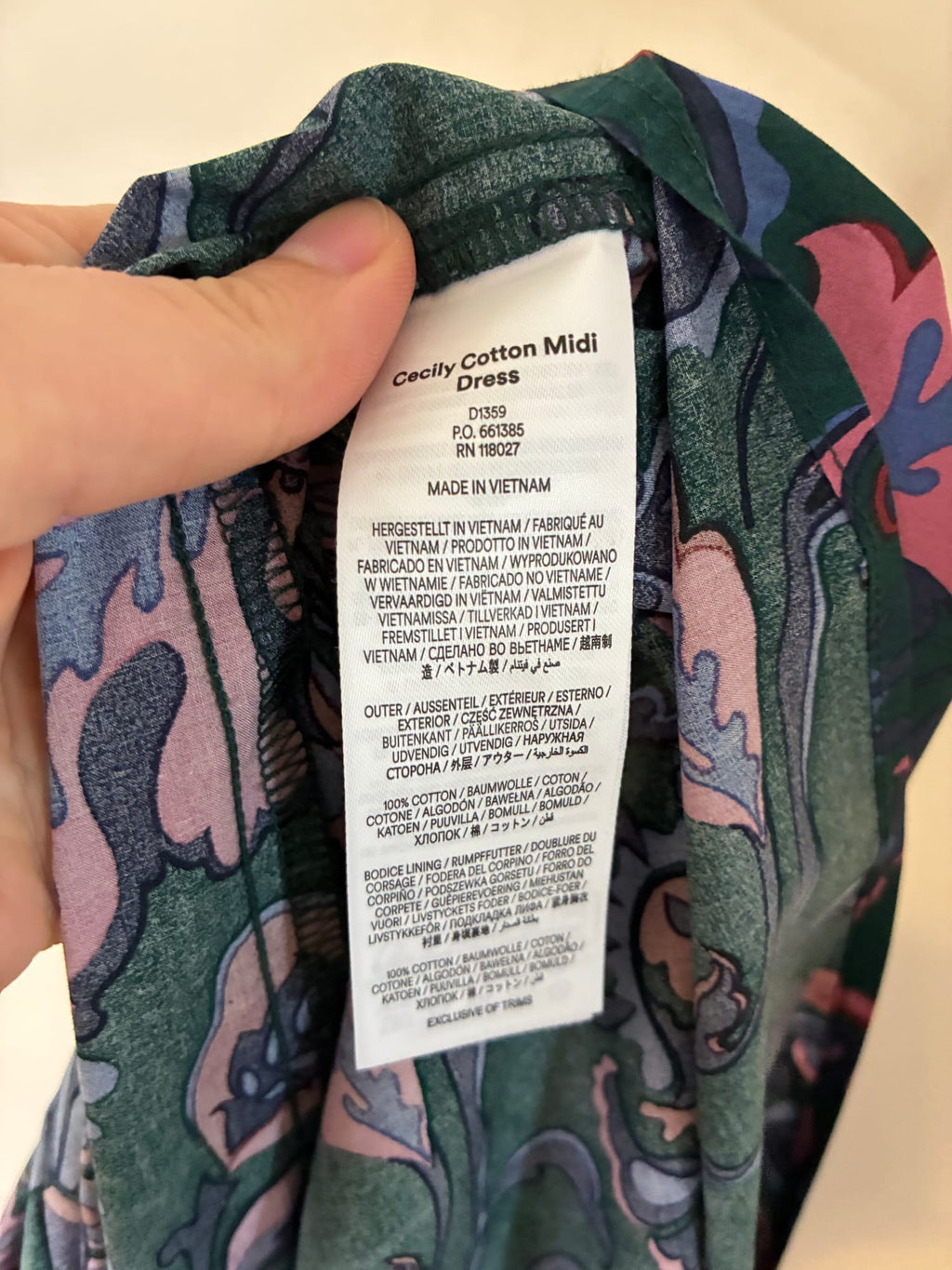 Boden Midikleid, Größe 42, Dunkelgrün mit Paisley-Print in Rosa, Blau und Bordeaux, Materialetikett