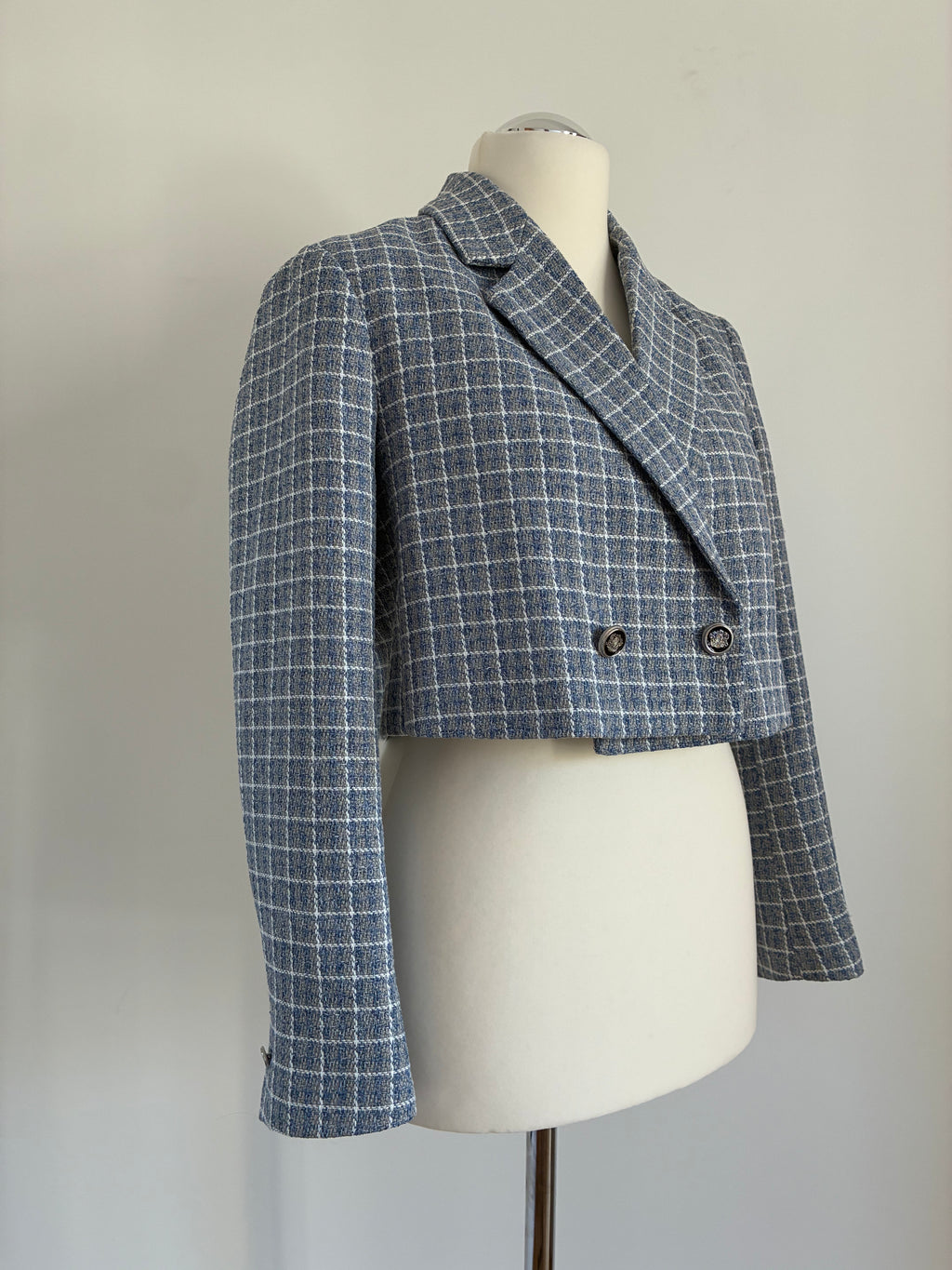 Moderner Zara Bouclé-Blazer Größe L 40 in Blau-Grau – cropped