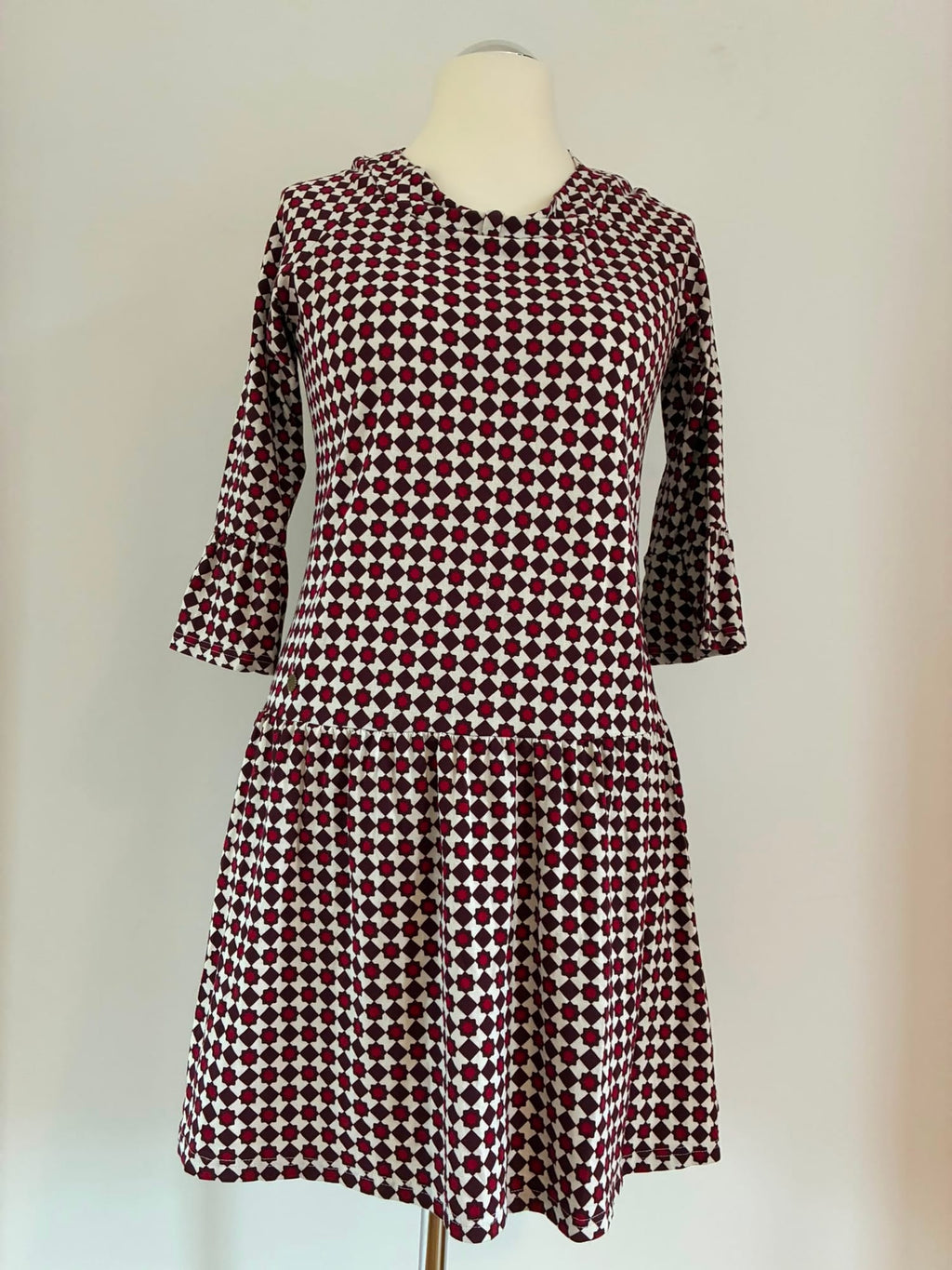 Blutsgeschwister Jerseykleid Größe XL in Bordeaux und Cremeweiß mit Retro-Muster