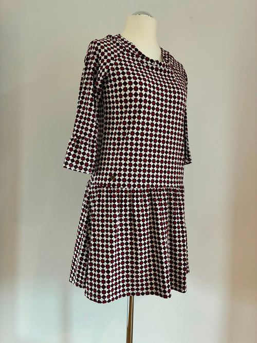 Blutsgeschwister Jerseykleid Größe XL in Bordeaux und Cremeweiß mit Retro-Muster