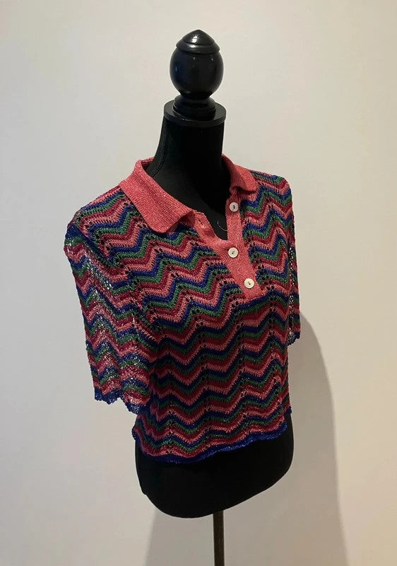 Buntes Crop Poloshirt im Strick Zickzack Muster