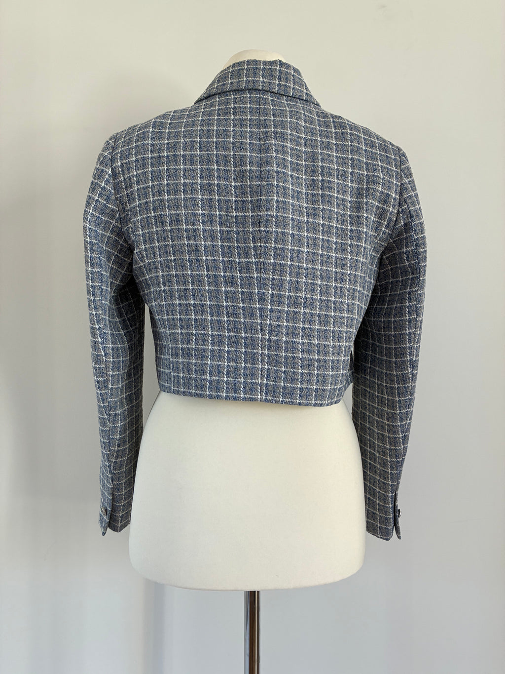 Moderner Zara Bouclé-Blazer Größe L 40 in Blau-Grau – cropped