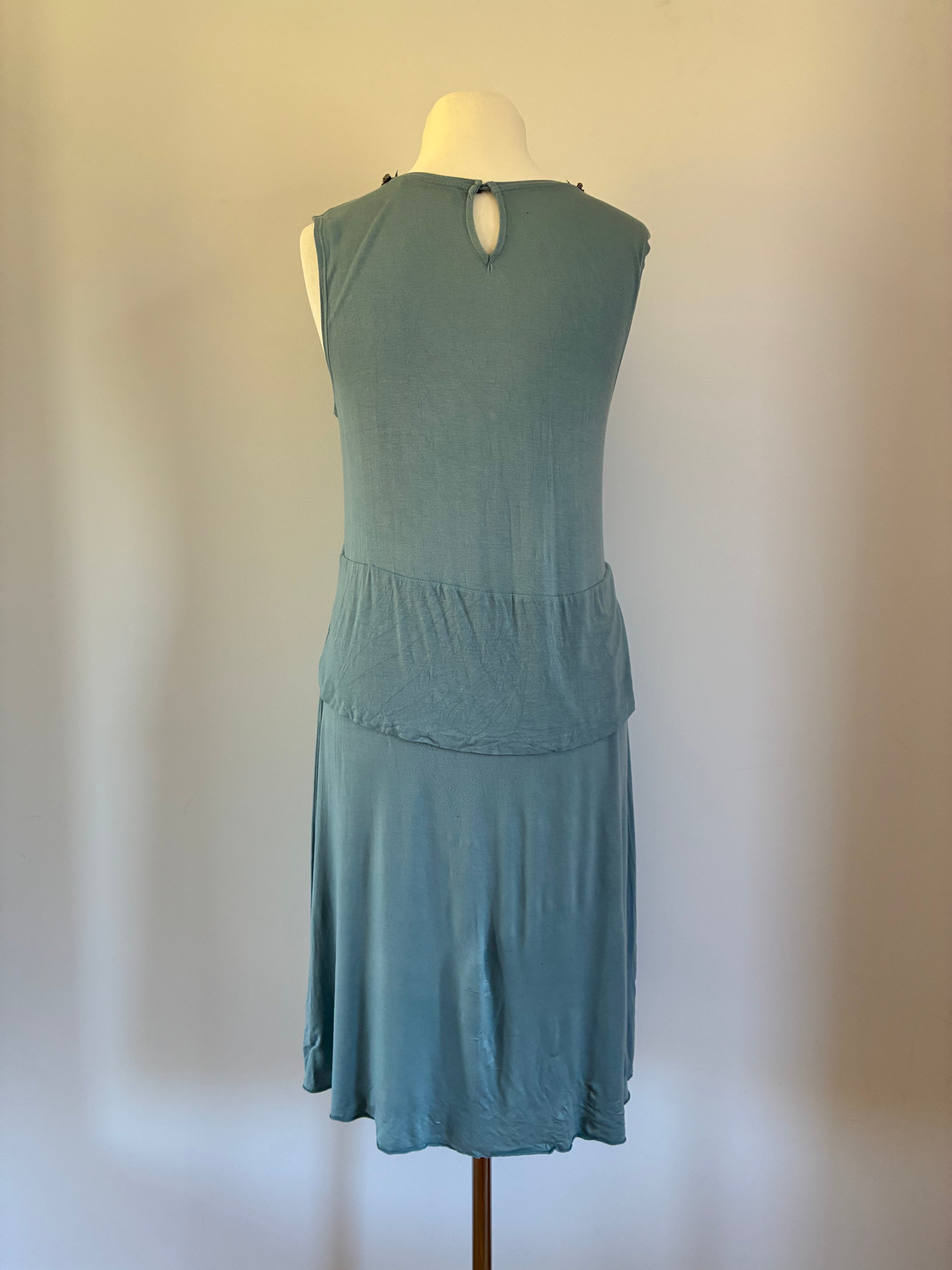 Glamouröses Dorothee Schumacher Kleid Größe L 40 in Silber-Türkis mit Perlendetails