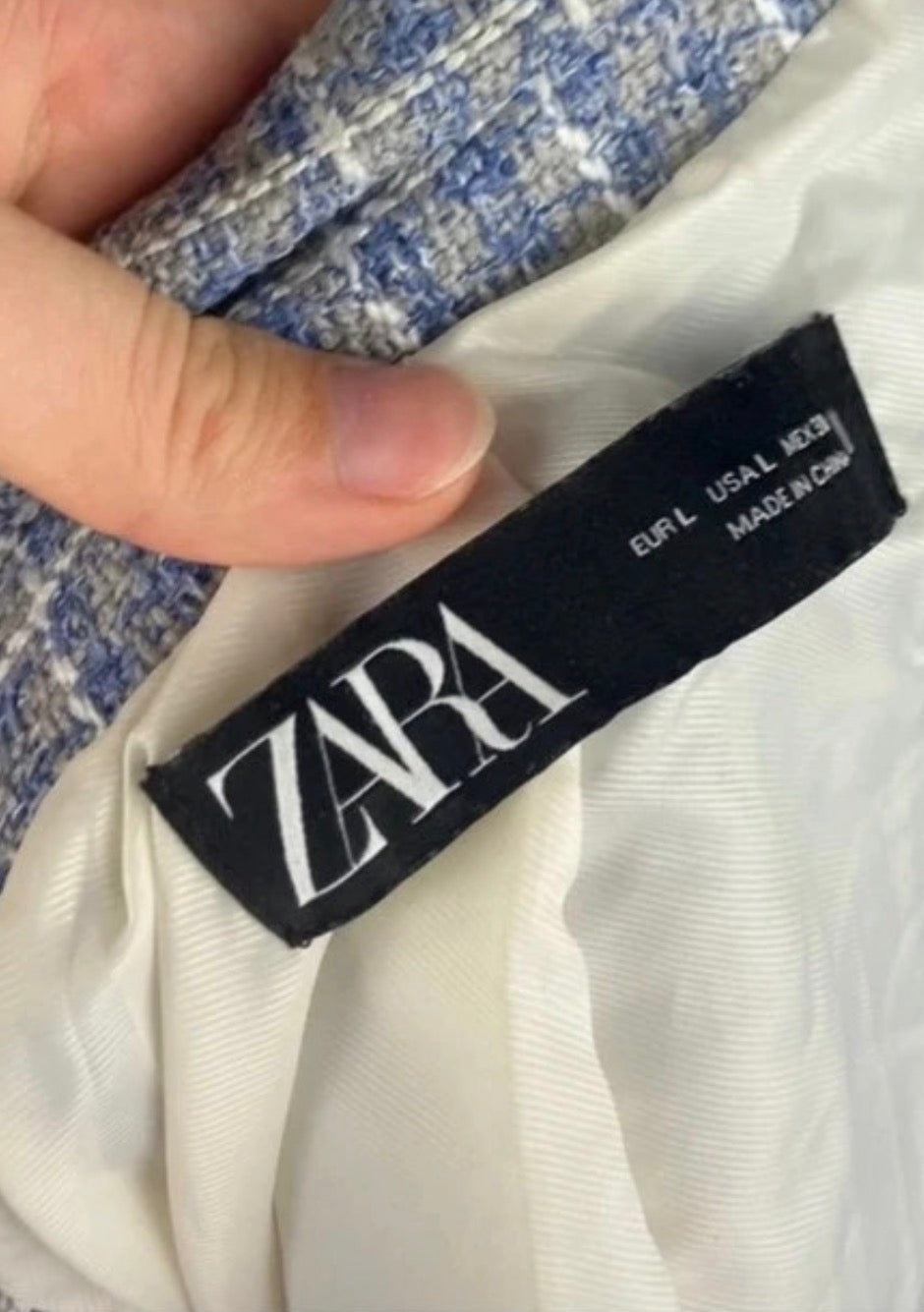 Moderner Zara Bouclé-Blazer Größe L 40 in Blau-Grau – cropped