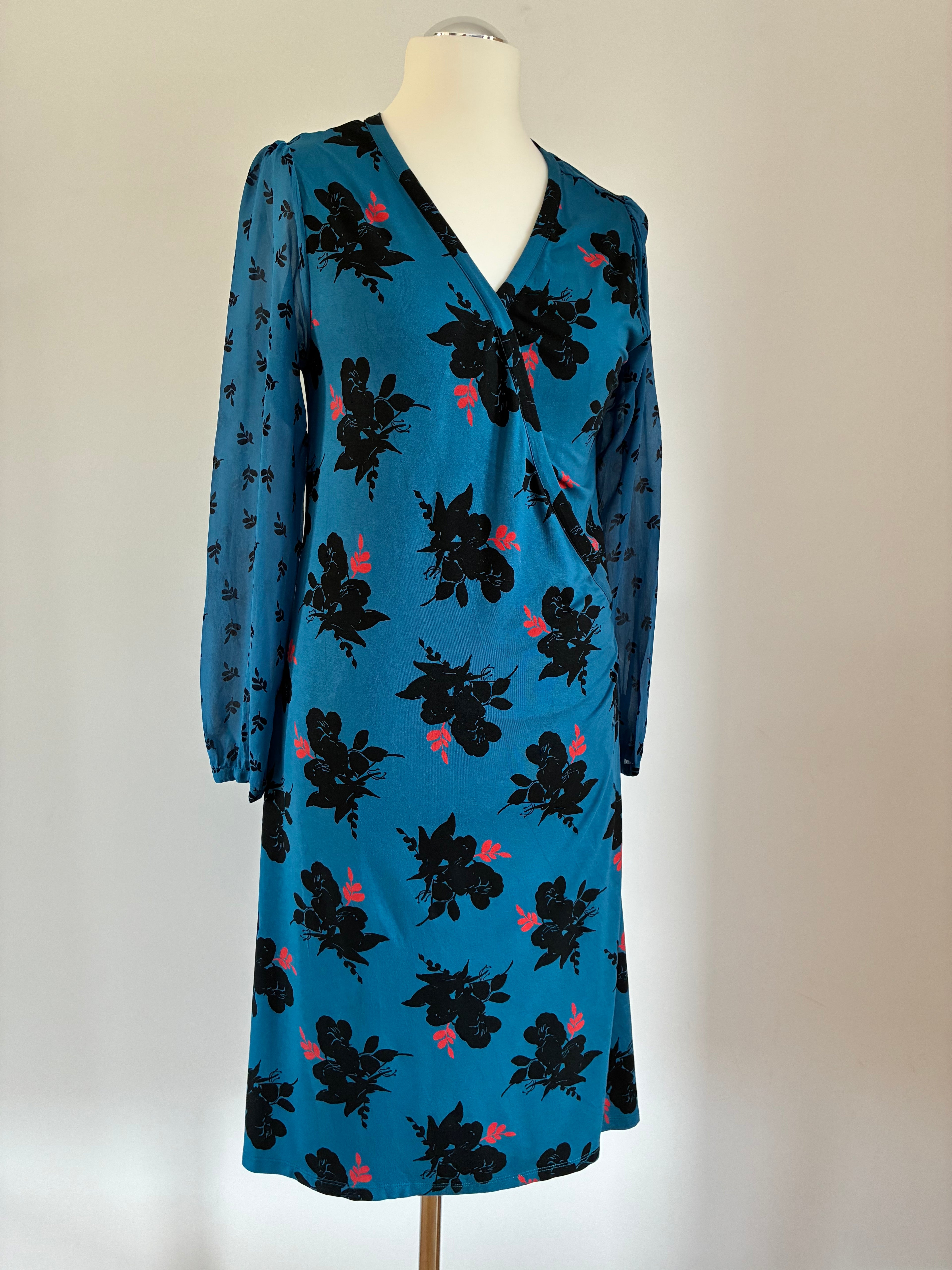 Boden Wickelkleid Petrol Blau mit Blumenprint – Gr. UK 16 / DE 44