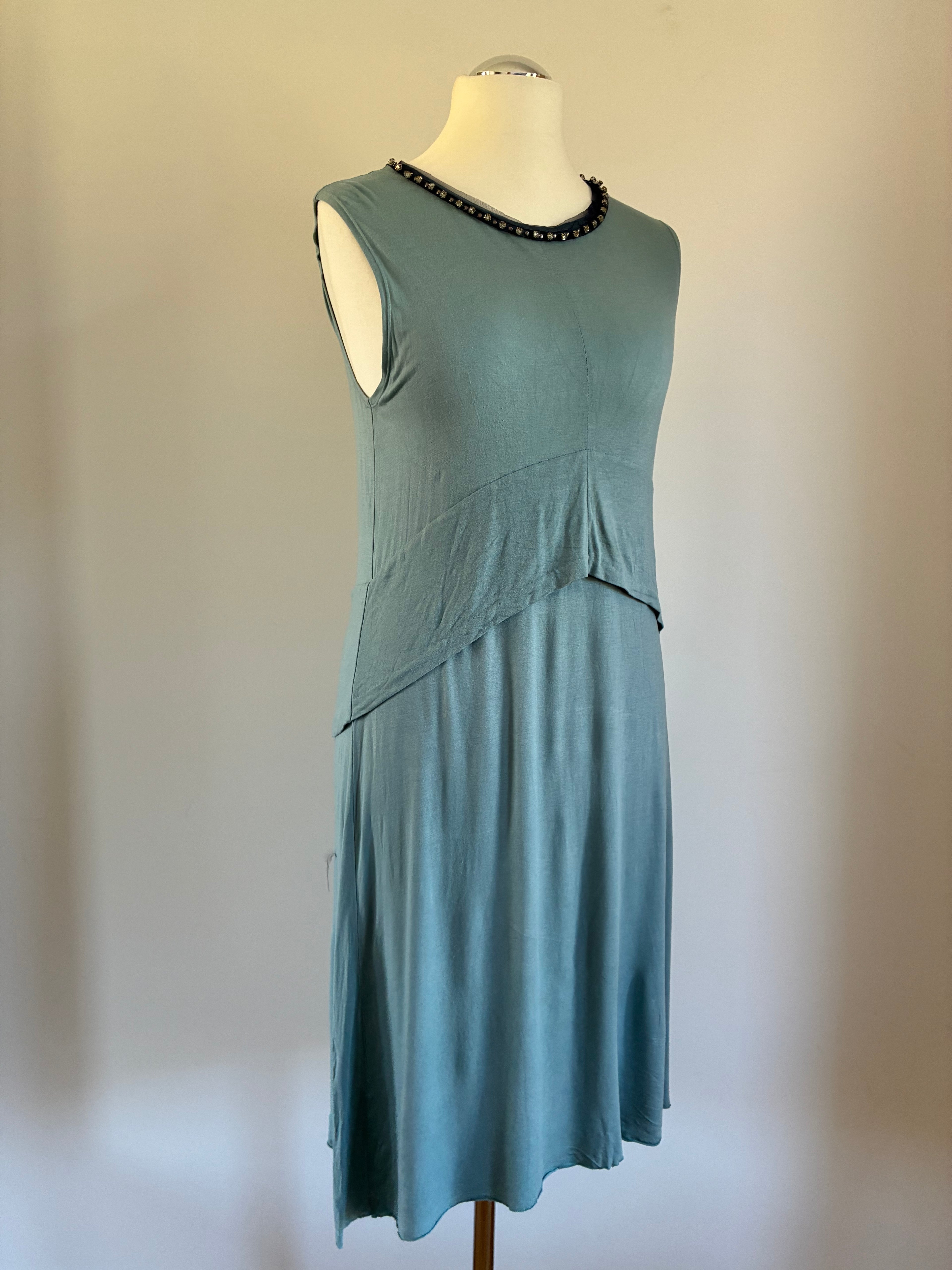 Glamouröses Dorothee Schumacher Kleid Größe L 40 in Silber-Türkis mit Perlendetails