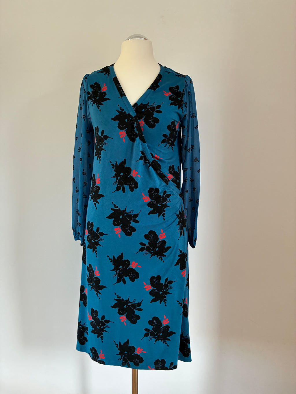 Boden Wickelkleid Petrol Blau mit Blumenprint – Gr. UK 16 / DE 44