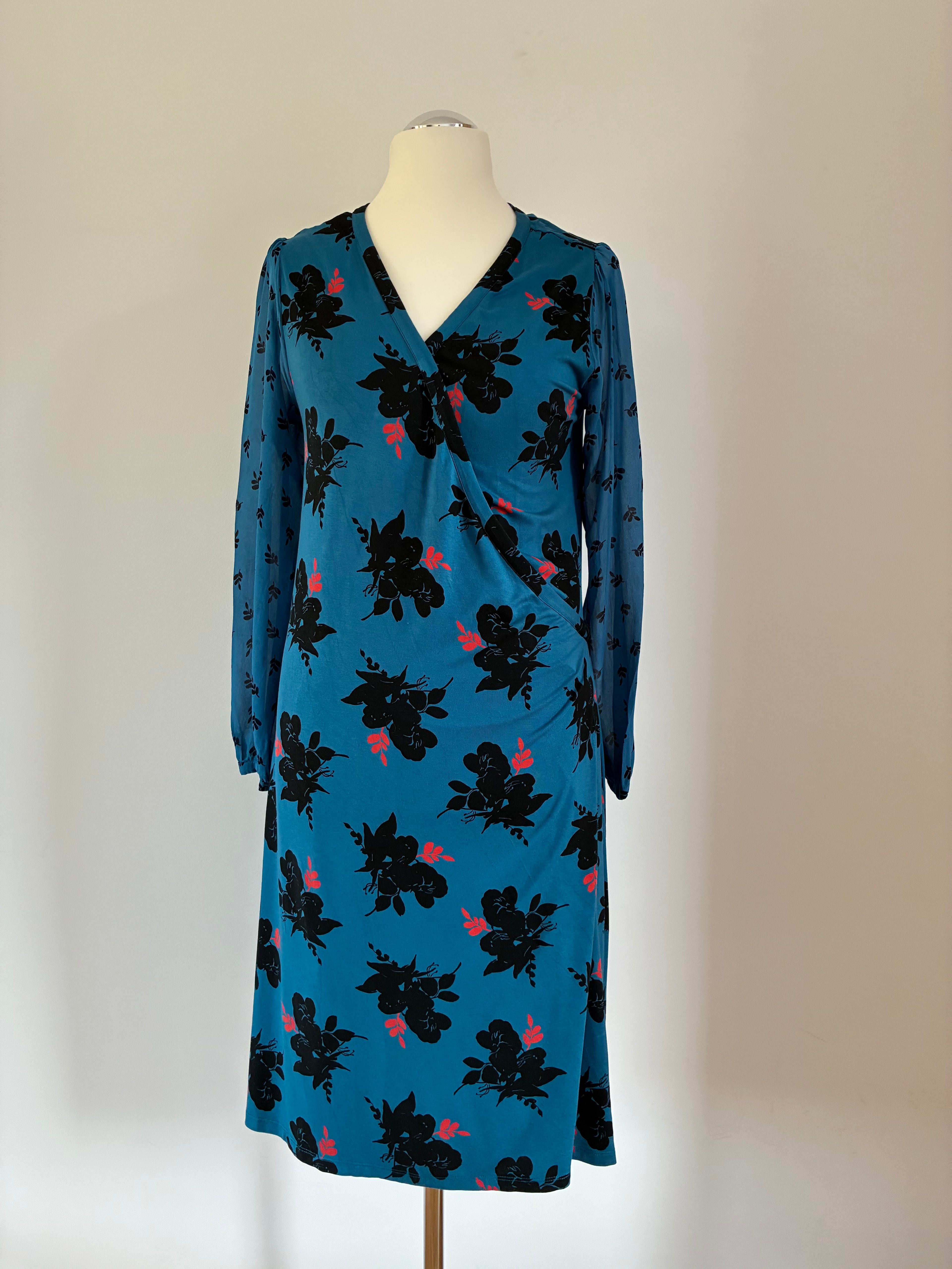 Boden Wickelkleid Petrol Blau mit Blumenprint – Gr. UK 16 / DE 44